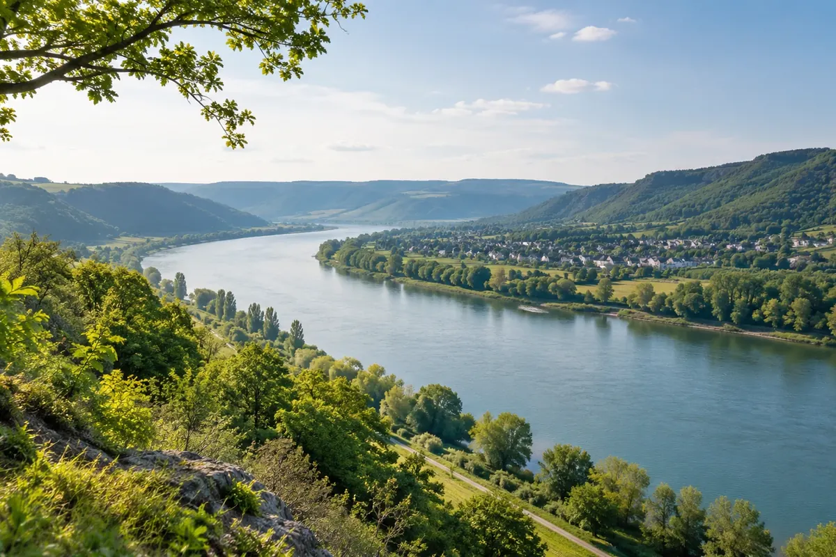 Flusstal am Rhein mit bewaldeten Hängen und einem kleinen Ort am Ufer