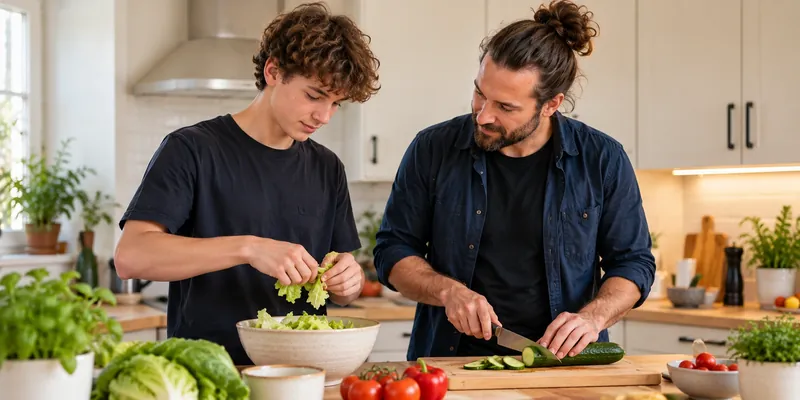 Ein Jugendlicher und ein Betreuer bereiten in der Küche gemeinsam einen Salat zu
